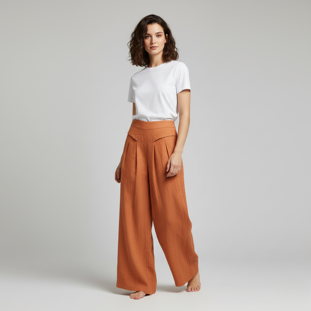 Comfortable Beige Cotton Linen High Waisted Loose Fit Pants