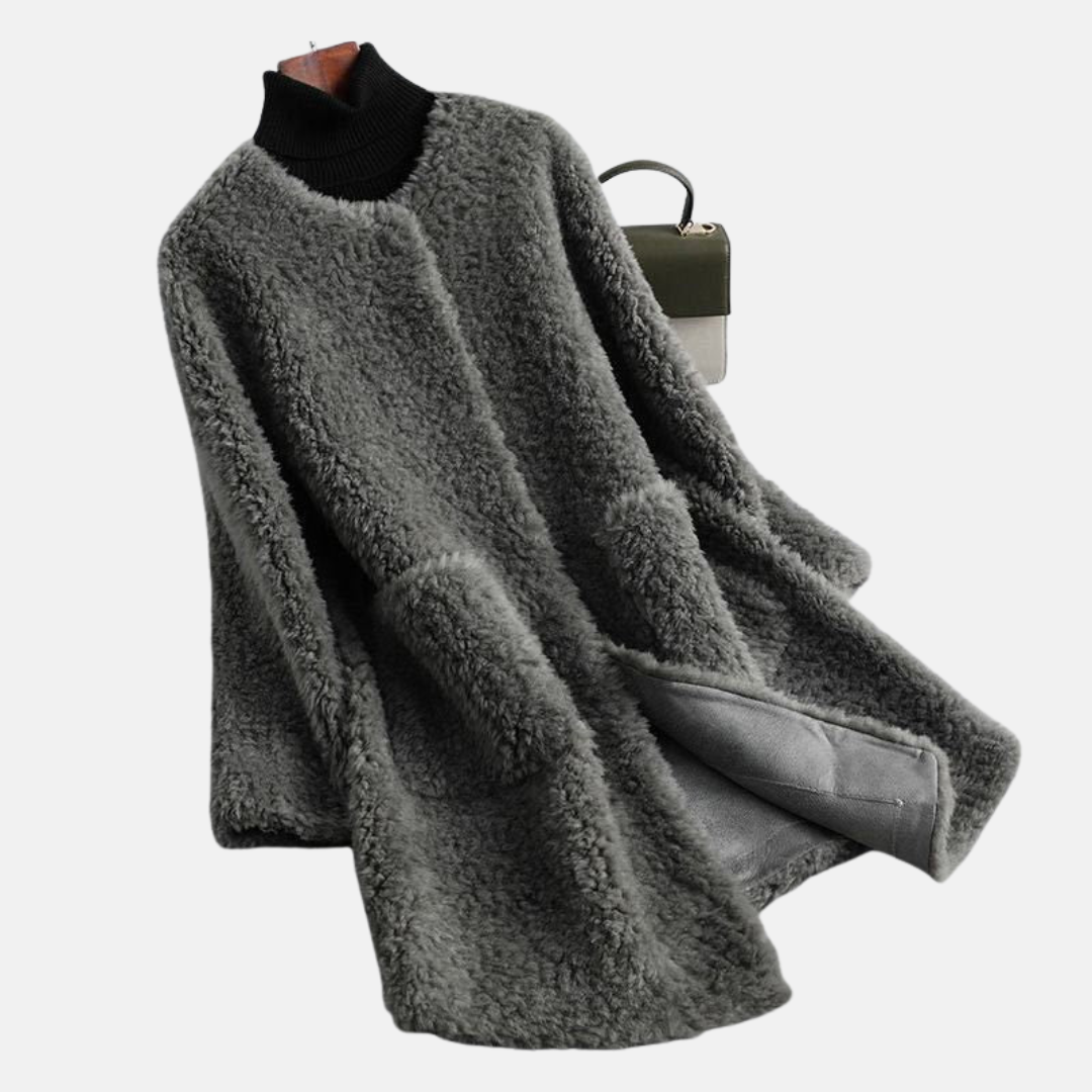 Women’s Mid-Length Coat – Relaxed Fit – Shaggy Faux Fur – Open Front – Patch Pockets