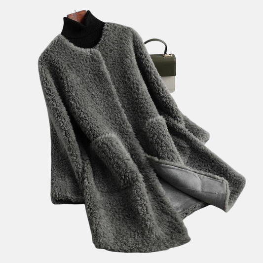 Women’s Mid-Length Coat – Relaxed Fit – Shaggy Faux Fur – Open Front – Patch Pockets
