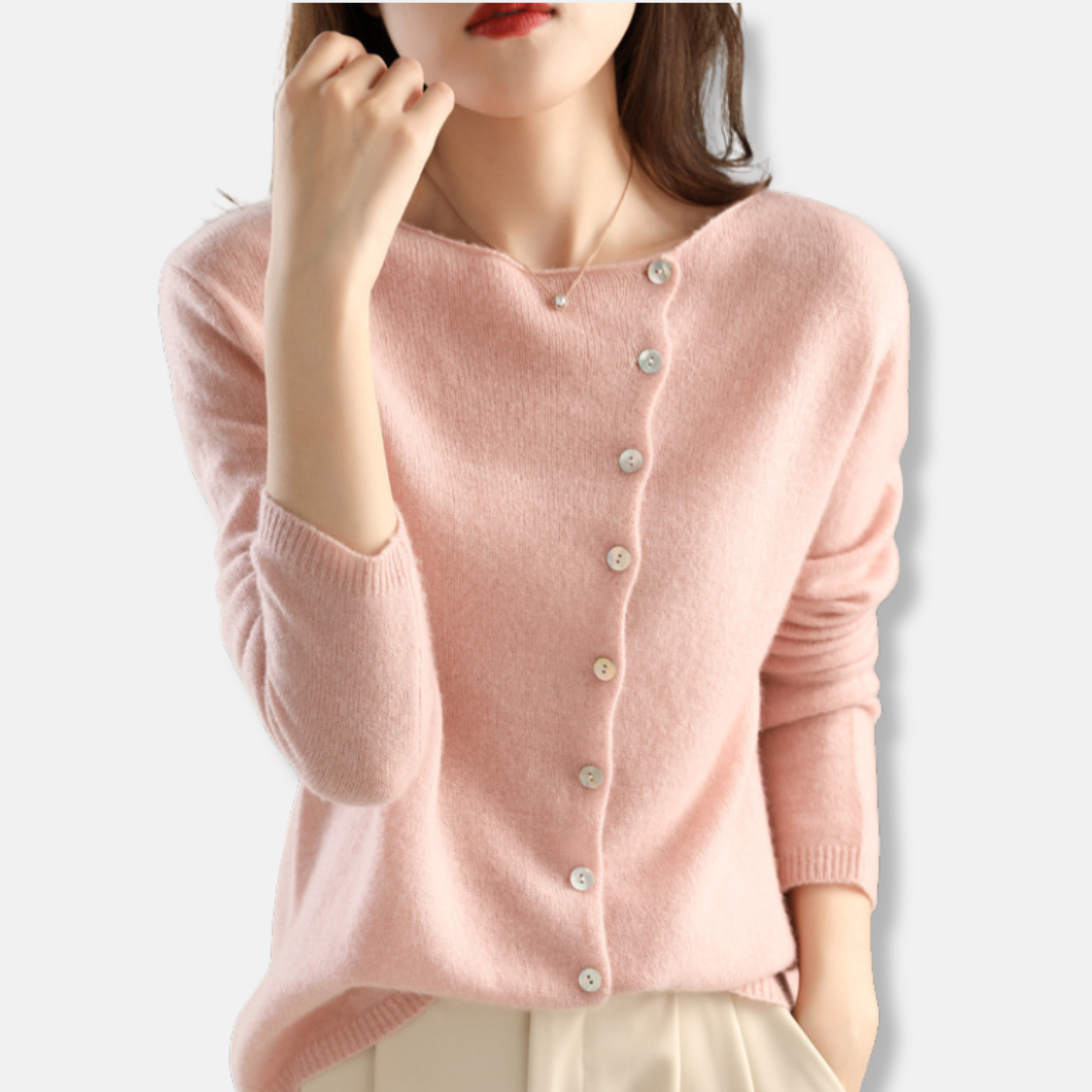 Women’s Knitted Cardigan – Relaxed Fit – Wool Blend – Asymmetrical Buttons – Ribbed Cuffs