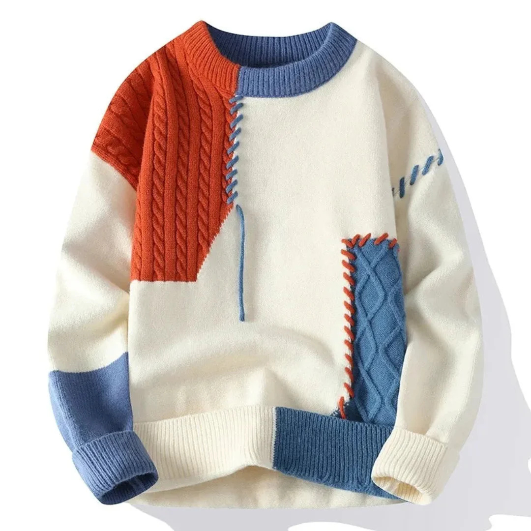 Men’s Patchwork Crew Neck Sweater with Contrast Panels