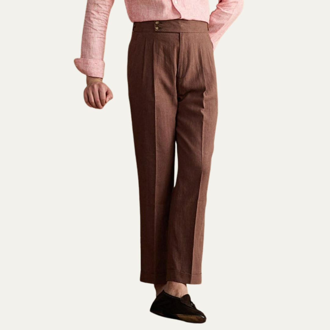 Men’s High-Waisted Trousers with Pleats and Cuffed Hem