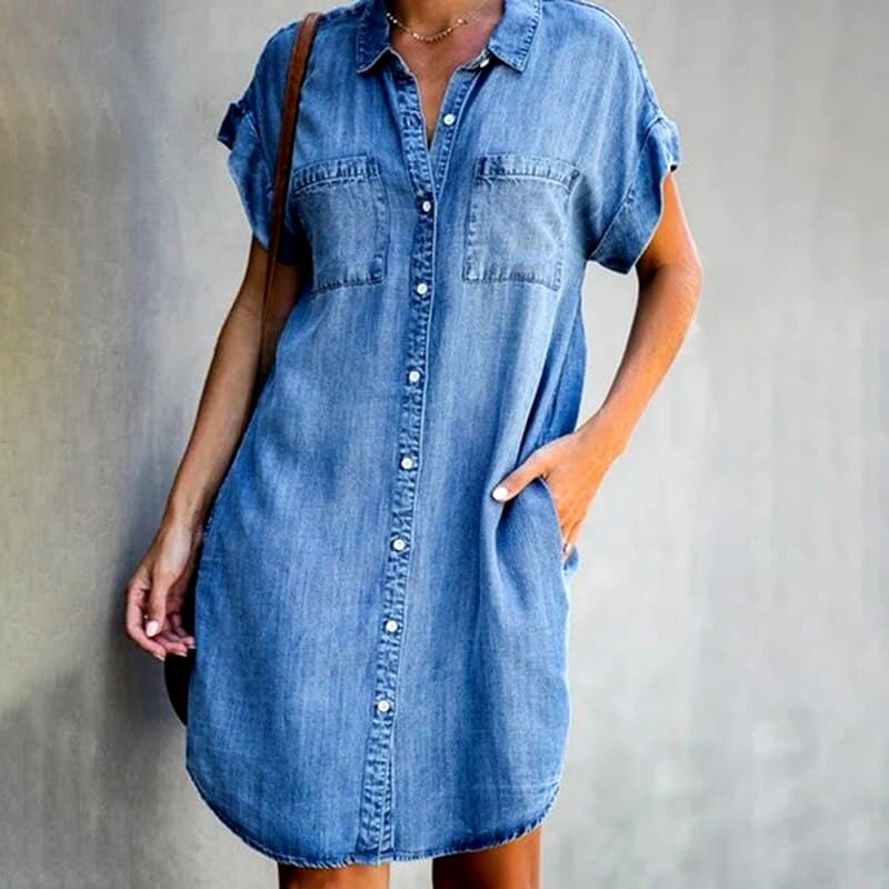 Comfy Blue Jeans Dress with Buttons - BritishElegance