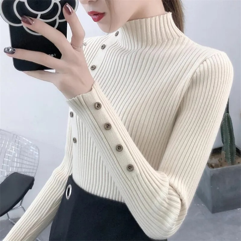 Cozy Women's Knit Turtleneck Sweater with Buttons - BritishElegance