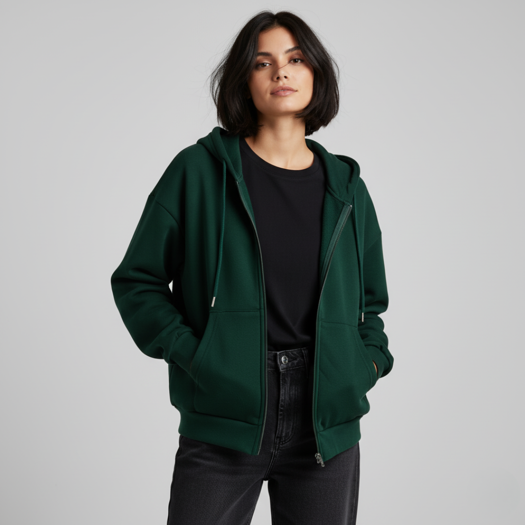 Women's Green Hooded Sweatshirt Soft Cozy Winter Jacket - BritishElegance