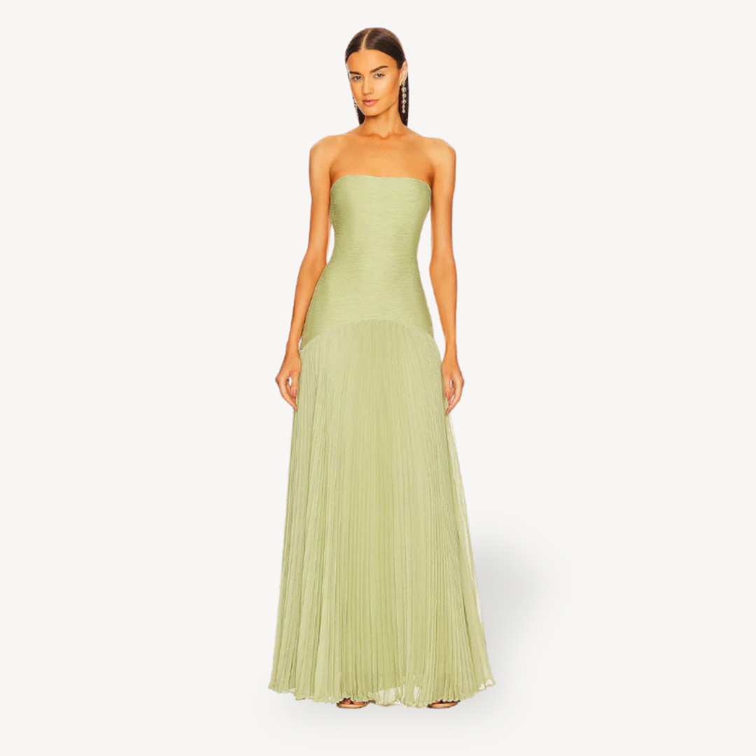 Women's Green Pleated Strapless Gown