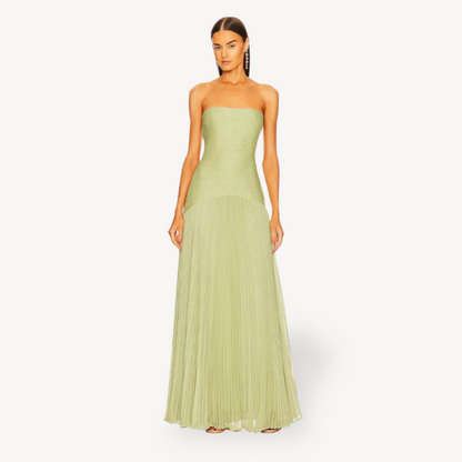 Women's Green Pleated Strapless Gown