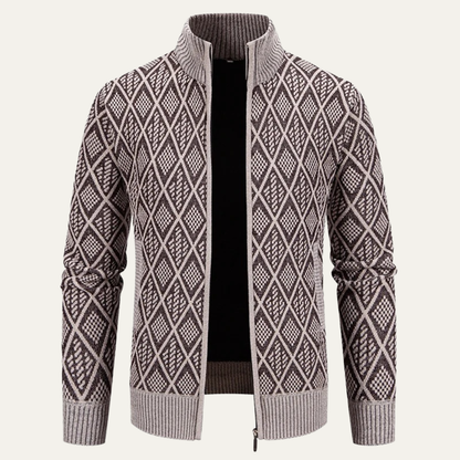 The San Gimignano Men’s Knit Diamond Pattern Zip Jacket with Stand Collar