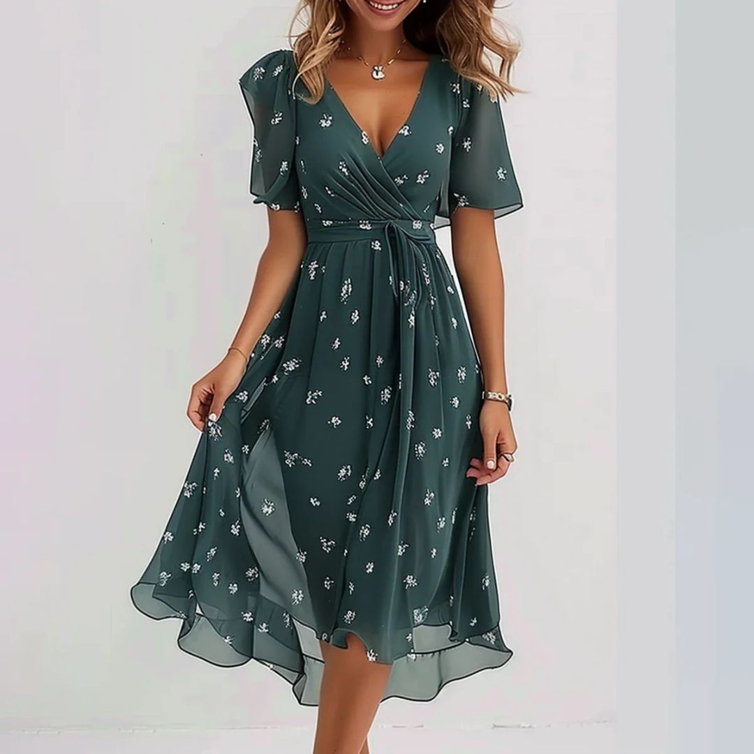 Chiffon Midi Dress Women Green Floral