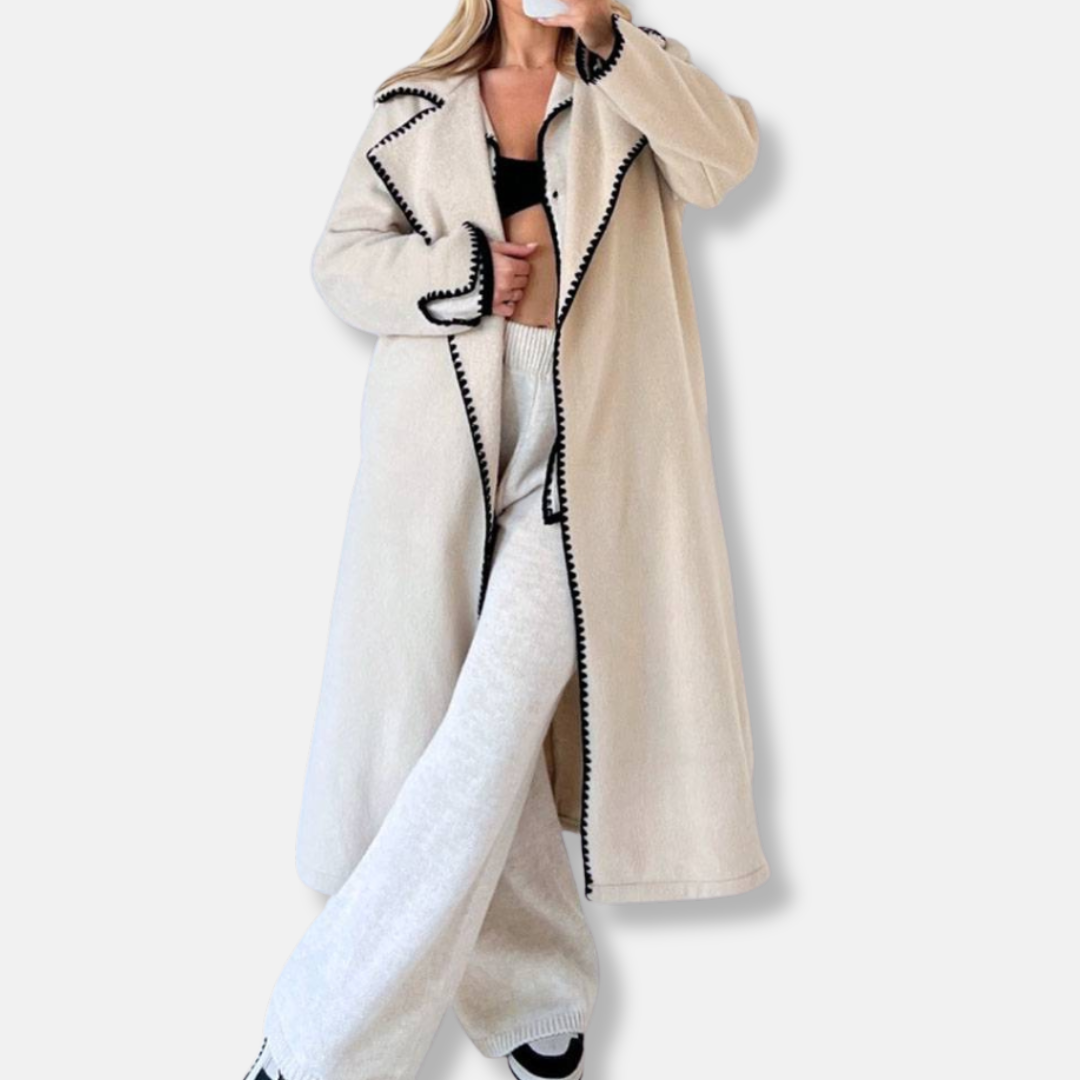 Women’s Long Coat – Oversized Fit – Wool Blend – Notched Lapels – Scalloped Trim