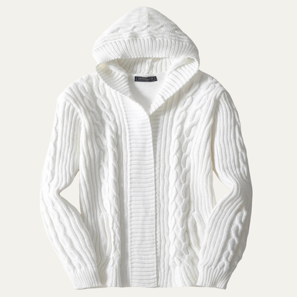 The Trieste Men's White Hooded Cable Knit Winter Cardigan