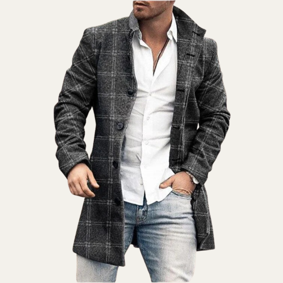 Men’s Long Check Pattern Tailored Overcoat