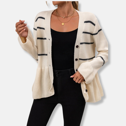 Women’s Cardigan – Loose Fit – V-Neck – Button Front – Peplum Hem – Ribbed Trim
