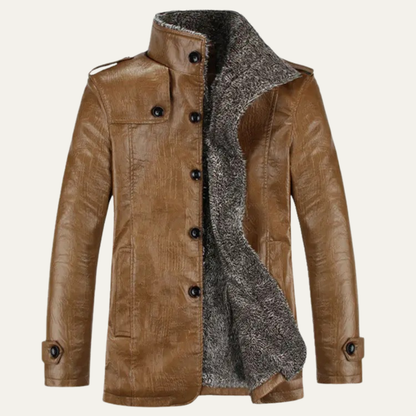 The Salina Men’s Warm Fleece Line Leather Jacket with Stand Collar