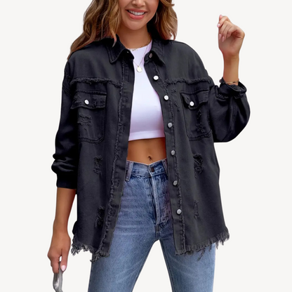Black Distressed Denim Button-Up Jacket