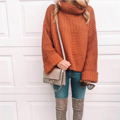 Warm Women's Crew Neck Knit Sweater with Puffy Sleeves