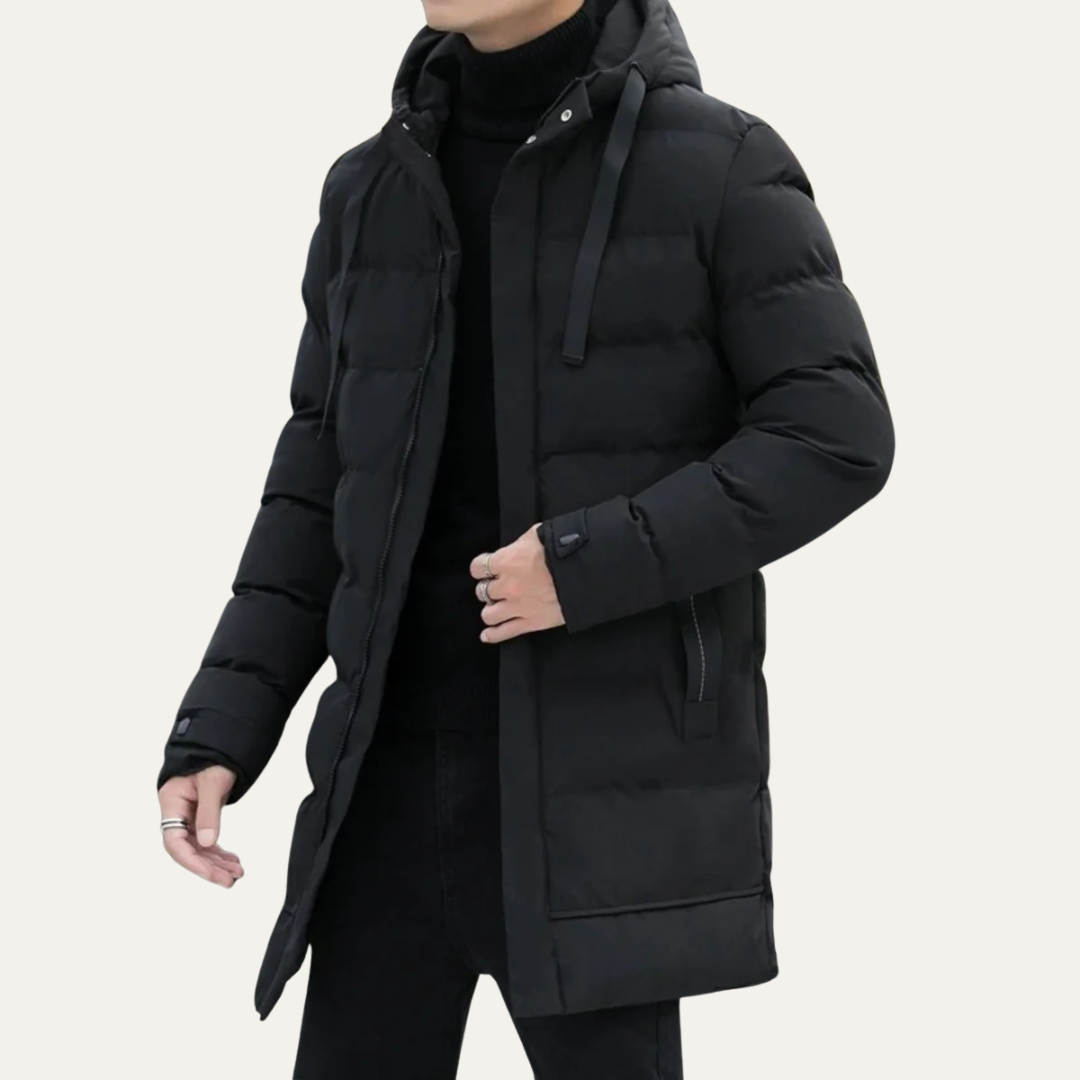Men’s Long Line Hooded Puffer Coat with Full Zip Closure