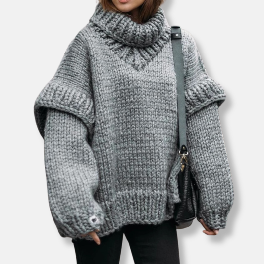 Women’s Pullover Sweatshirt – Wool Chunky Knit – Oversized Fit – Turtleneck – Ribbed Cuffs