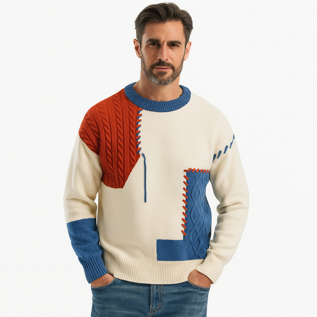 Men’s Patchwork Crew Neck Sweater with Contrast Panels
