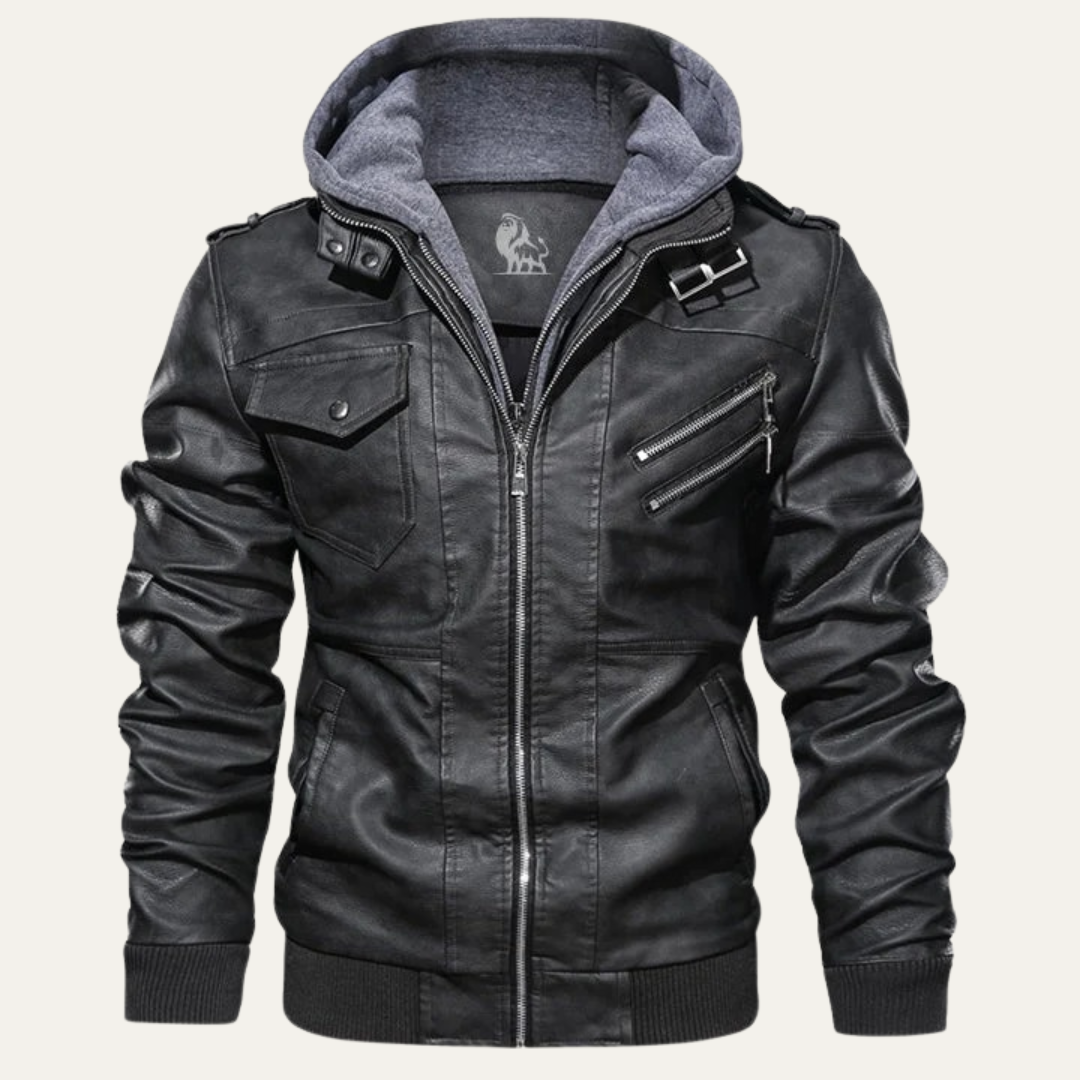 Men’s Faux Leather Moto Jacket with Layered Hood