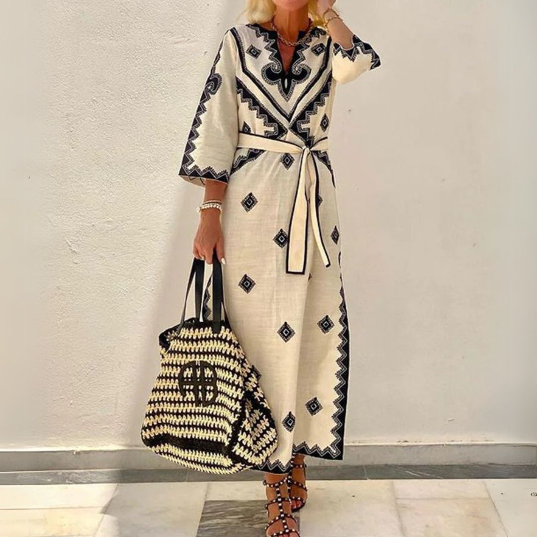 Women's Kaftan Maxi Dress Embroidered V-Neck
