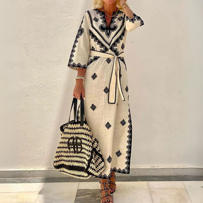 Women's Kaftan Maxi Dress Embroidered V-Neck