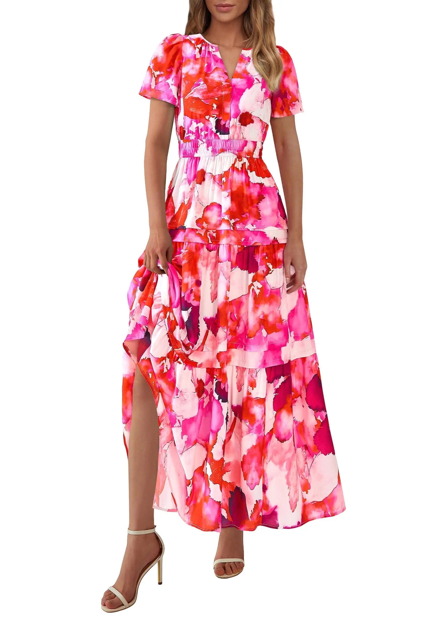 Boho Floral Short Sleeve V Neck A Line Tiered Ruffle Flowy Long Beach Vacation Maxi Dresses