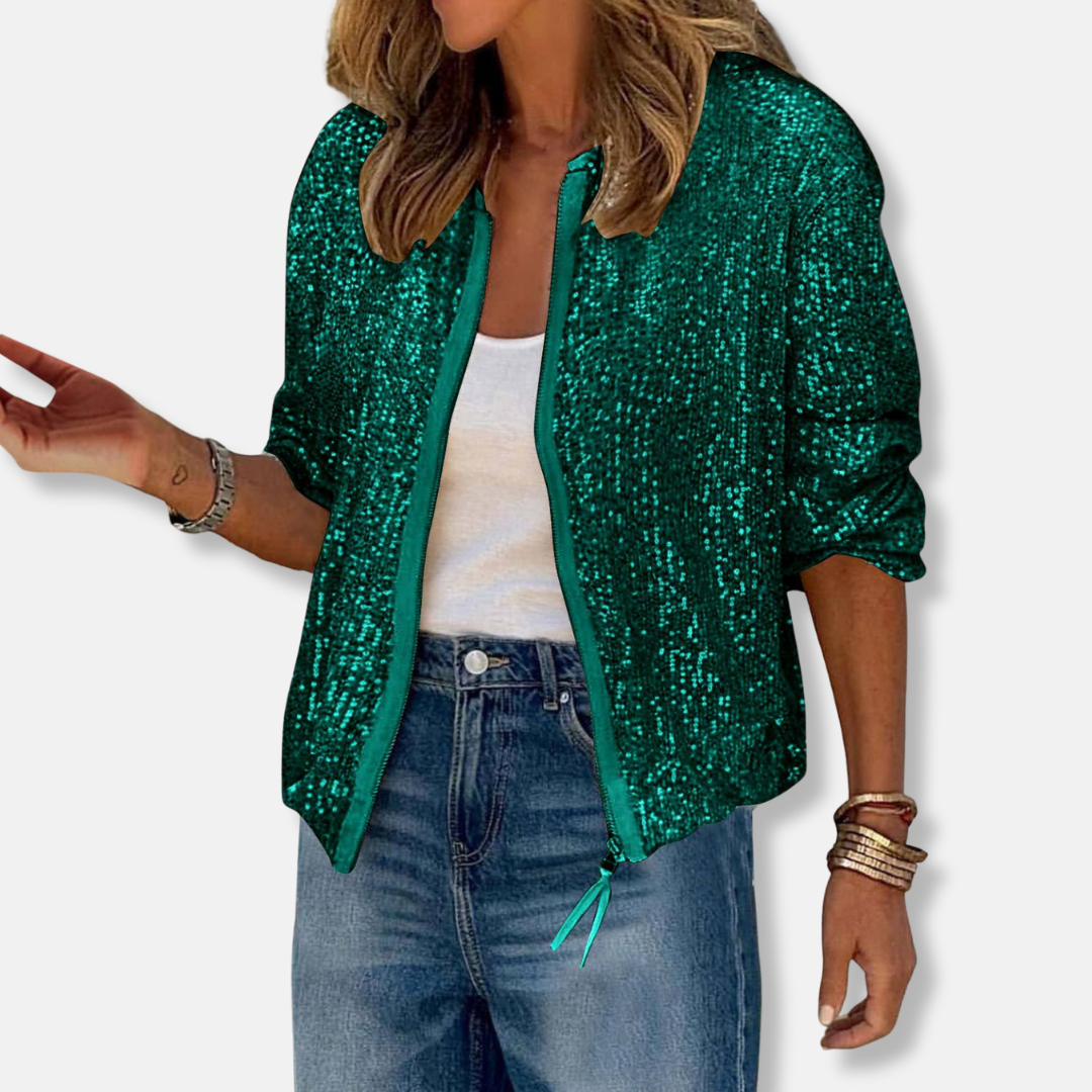 Ivy Cotton Blend Sequin Jacket | Collarless Relaxed Fit Jacket
