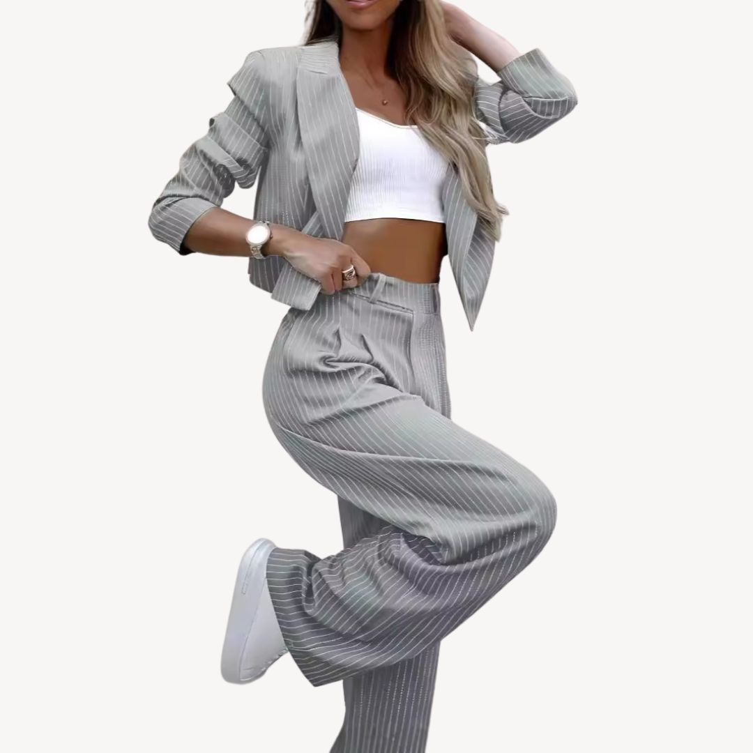 Textured Striped Cropped Blazer Pants Suit Women