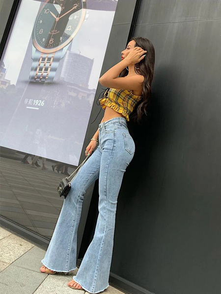 Comfortable High Waisted Jean Flare Pants - BritishElegance
