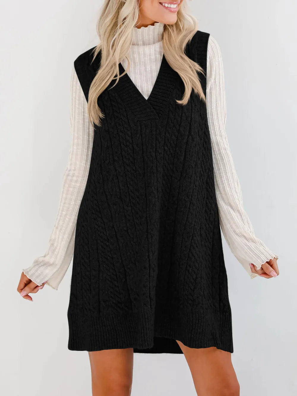 Comfy Cable Knit V-Neck Sweater Dress