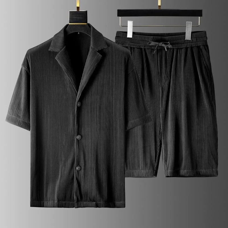 Casual Two Piece Set with Textured Shirt and Shorts - BritishElegance