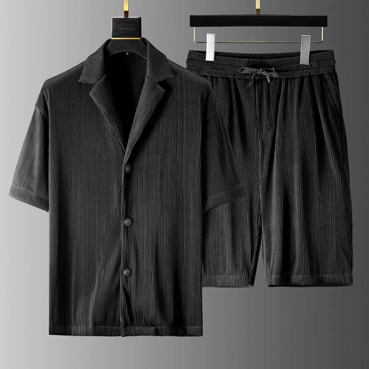 Casual Two Piece Set with Textured Shirt and Shorts - BritishElegance