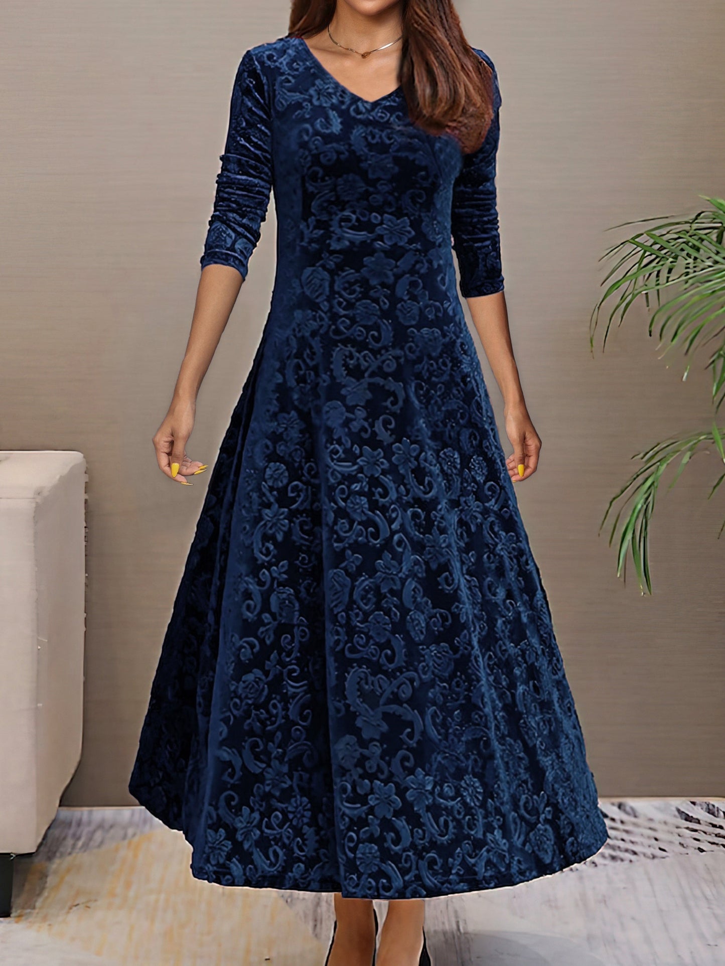 Elegant Women's Velvet Long Sleeve Floral Evening Dress - BritishElegance