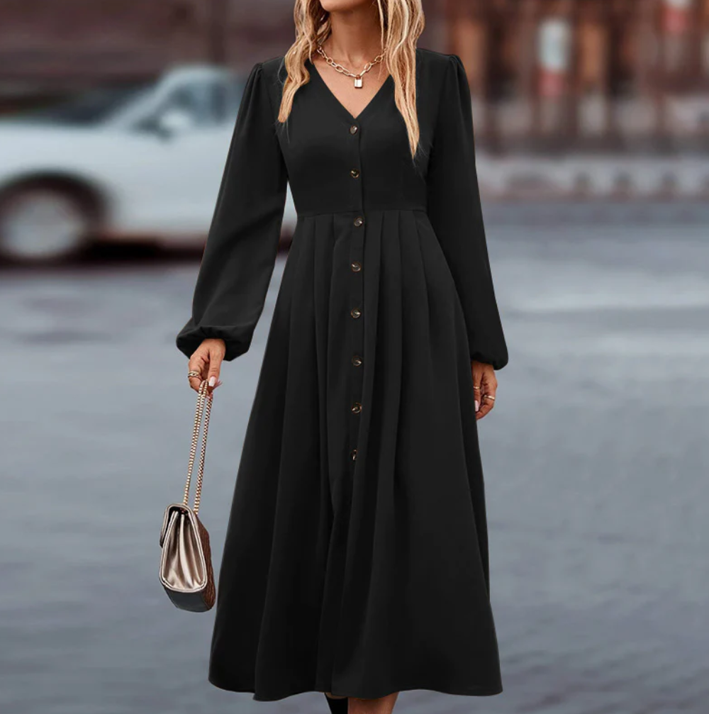 Classic Ladies Floral Midi Dress with Puffy Sleeves