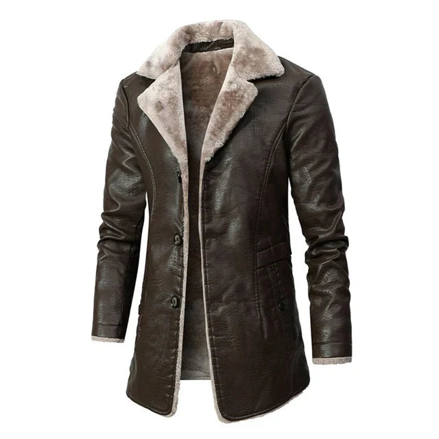 Men's Ikar Long Leather Coat: Thick & Warm