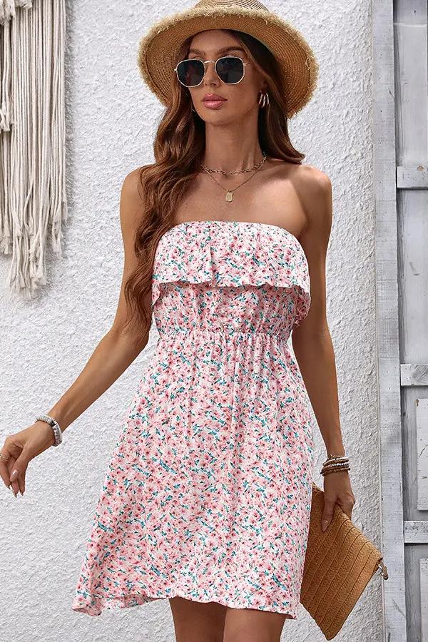Floral Bandeau Ruffle Casual Dress
