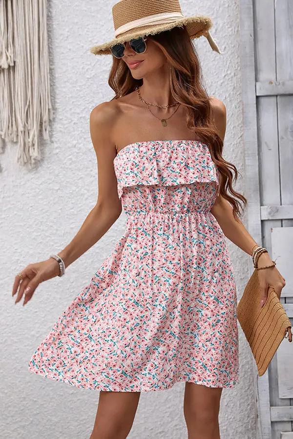 Floral Bandeau Ruffle Casual Dress