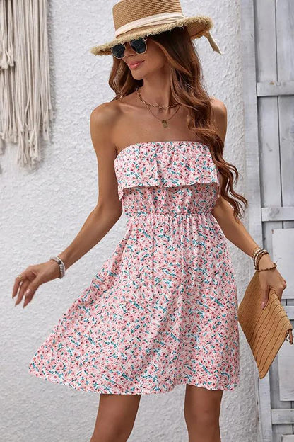 Floral Bandeau Ruffle Casual Dress
