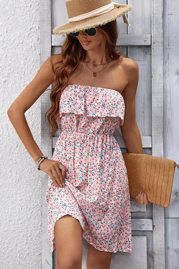 Floral Bandeau Ruffle Casual Dress