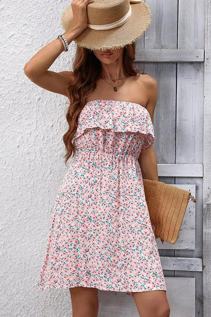 Floral Bandeau Ruffle Casual Dress