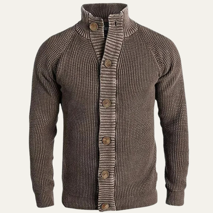 Men’s Chunky Waffle Knit Cardigan with Stand Collar
