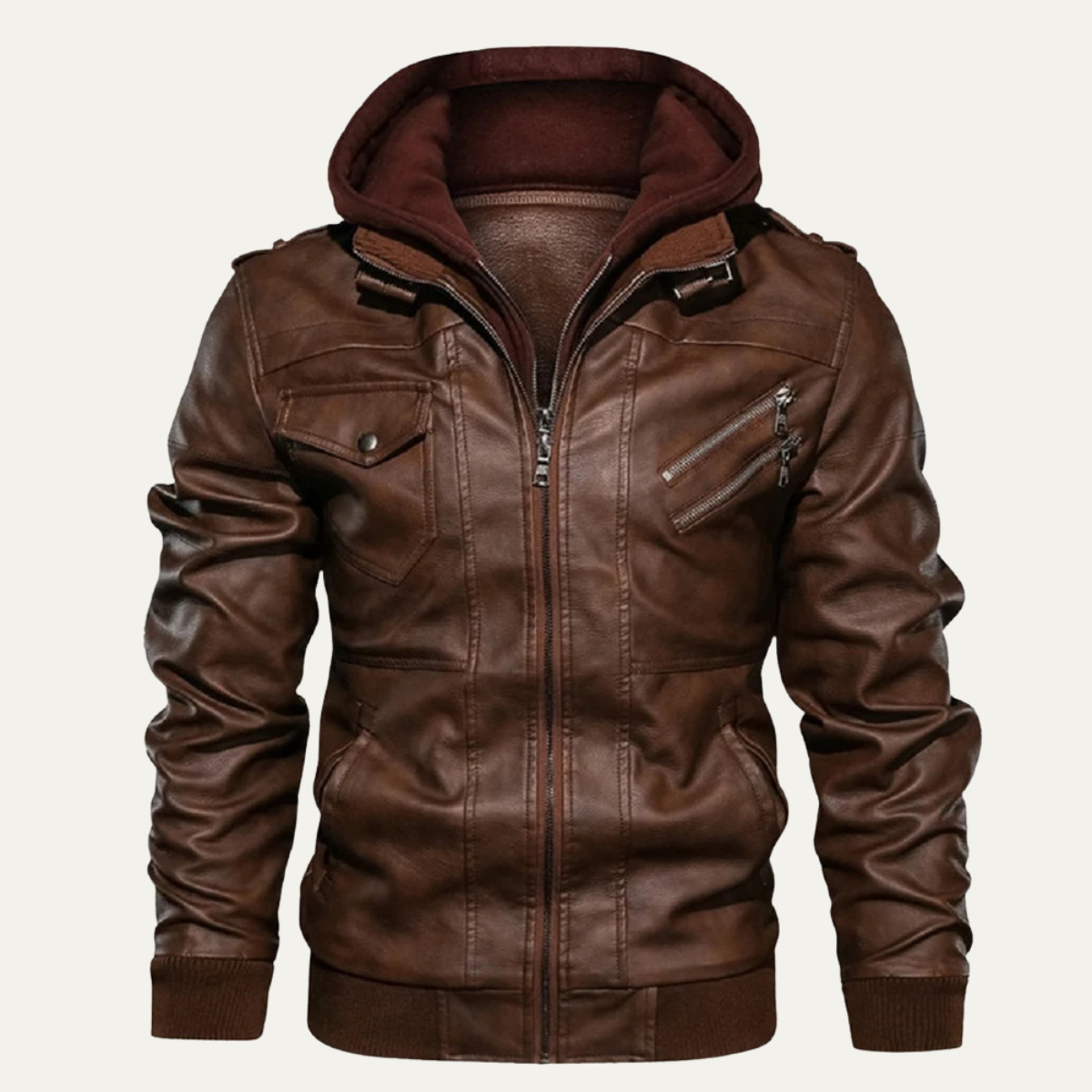 Men’s Hooded Faux Leather Moto Jacket