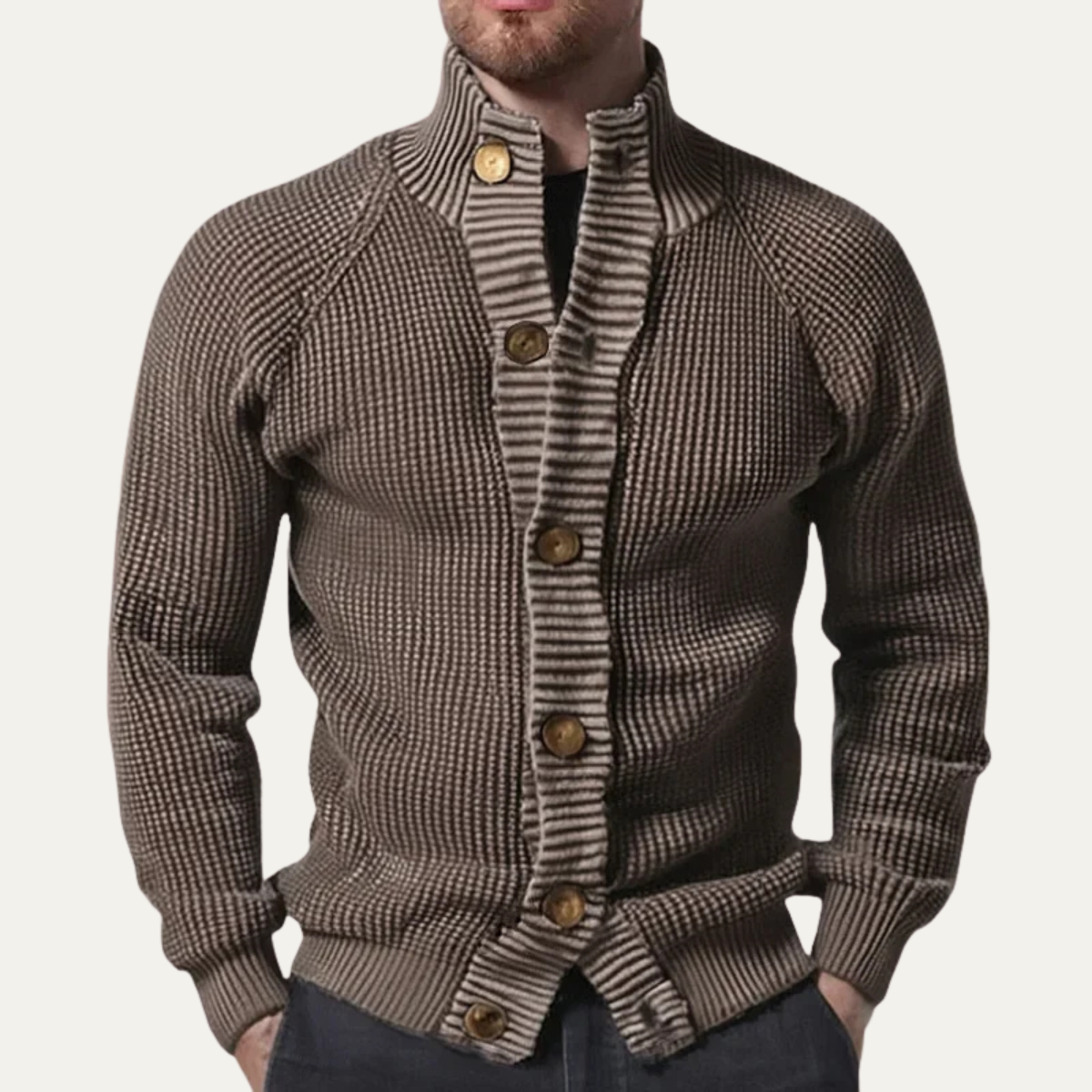 Men’s Chunky Waffle Knit Cardigan with Stand Collar