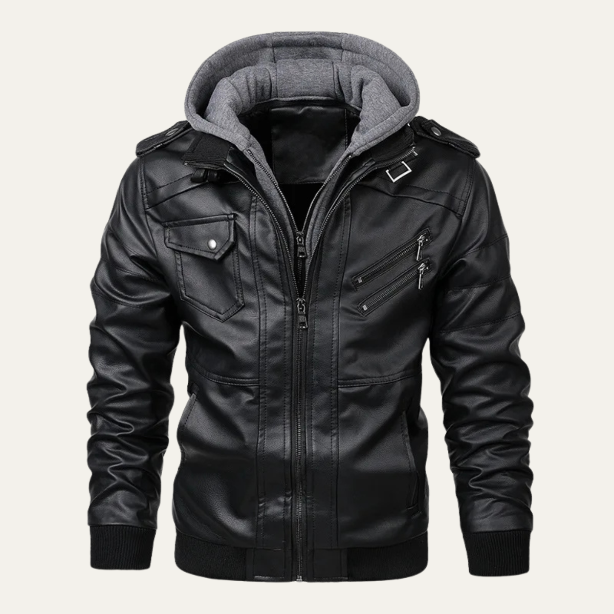 Men’s Hooded Faux Leather Moto Jacket