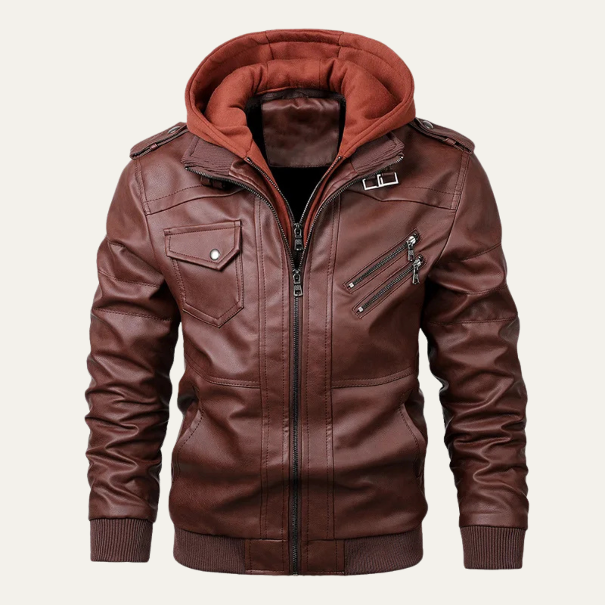 Men’s Hooded Faux Leather Moto Jacket