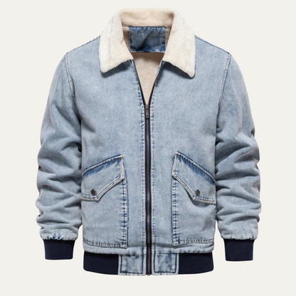 Men’s Washed Denim Bomber Jacket with Faux Fur Collar