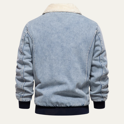 Men’s Washed Denim Bomber Jacket with Faux Fur Collar