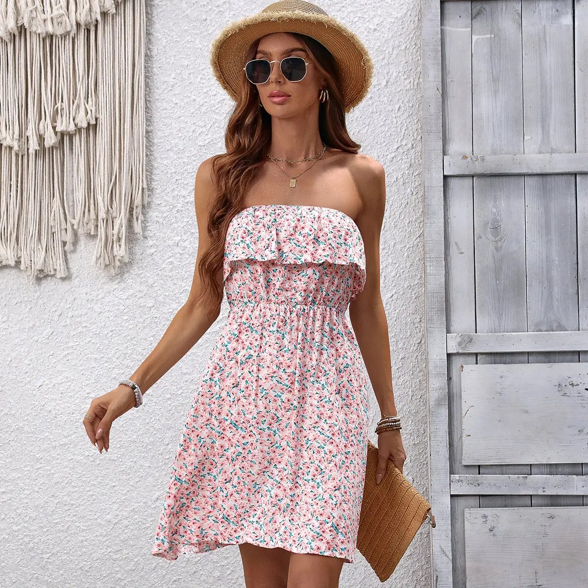 Floral Bandeau Ruffle Casual Dress