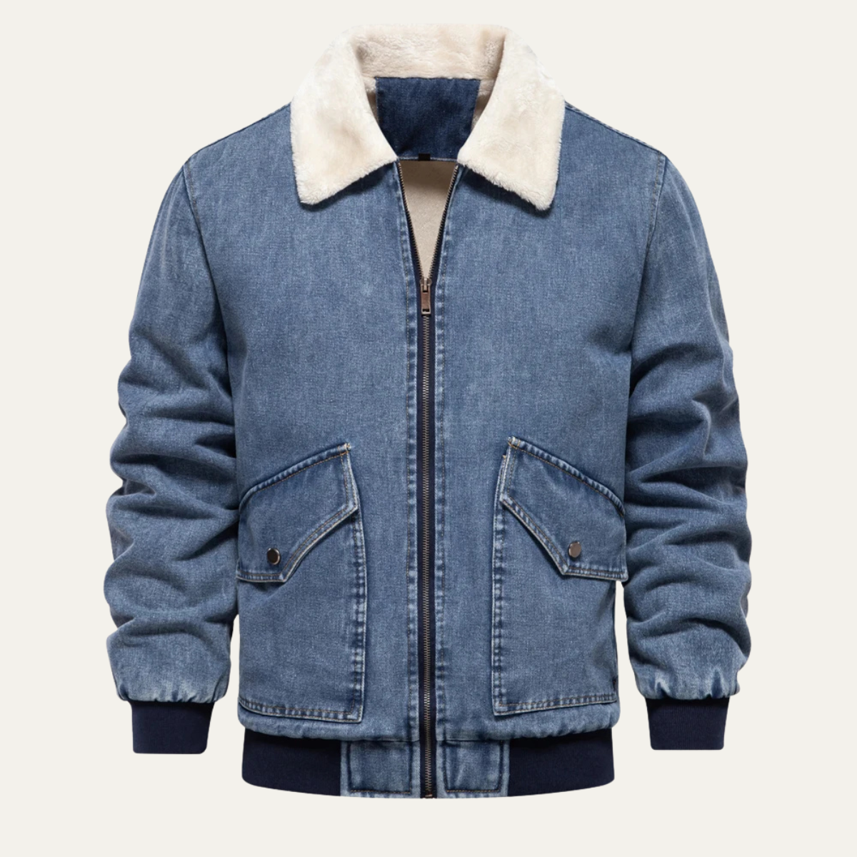 Men’s Washed Denim Bomber Jacket with Faux Fur Collar